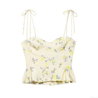 Women Sexy Floral Bustier Top Peplum Hem Bow Tie Straps Spandex Blend Summer Sleeveless Slim Fit Backless Party Camisole Top