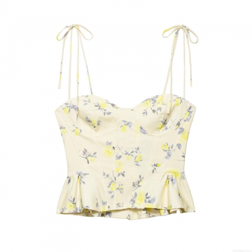 Women Sexy Floral Bustier Top Peplum Hem Bow Tie Straps Spandex Blend Summer Sleeveless Slim Fit Backless Party Camisole Top