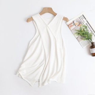 Women's Minimalist 100% Cotton Knit Tank Top Sleeveless V-Neck Crossover Back Casual Solid White Camisole Vest For Daily Wear