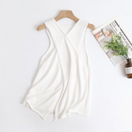 Women's Minimalist 100% Cotton Knit Tank Top Sleeveless V-Neck Crossover Back Casual Solid White Camisole Vest For Daily Wear