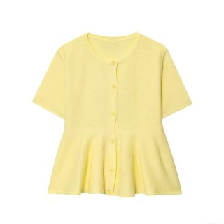 Women's Short Sleeve Knit Cardigan Top Peplum Hem Round Neck Button Down Solid Color Sweet Style Knitted Summer Fashion Outerwear 100% Polyester