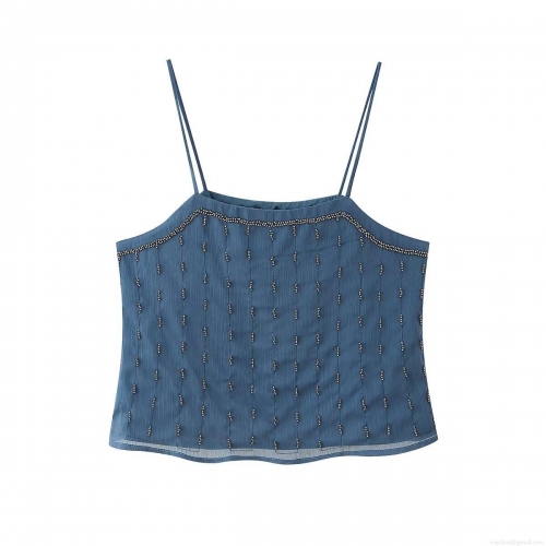 Women's Sexy Backless Beaded Cami Top Summer Fashion Dark Blue Spaghetti Strap Chiffon Tank Top For Dating Party Clubwear