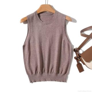 Women Summer Knit Tank Top Sleeveless Viscose Nylon Blend Round Neck Solid Color Casual Loose Short Vest For Women Minimalist Fashion