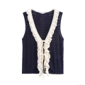 Women Sweet Knitted Vest Top V Neck Tie Front Hollow Out Sleeveless Knitwear With Lace Ruffle Decor French Vintage Deep Blue Slim Fit Camisole For Daily Dating
