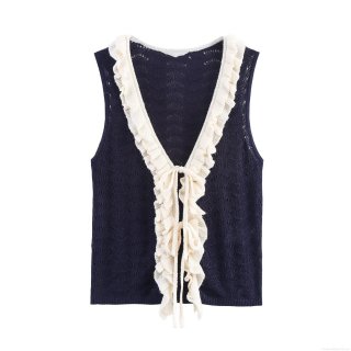 Women Sweet Knitted Vest Top V Neck Tie Front Hollow Out Sleeveless Knitwear With Lace Ruffle Decor French Vintage Deep Blue Slim Fit Camisole For Daily Dating