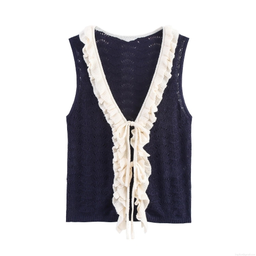 Women Sweet Knitted Vest Top V Neck Tie Front Hollow Out Sleeveless Knitwear With Lace Ruffle Decor French Vintage Deep Blue Slim Fit Camisole For Daily Dating