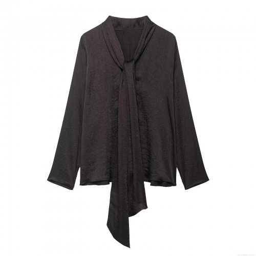 Women's Elegant Tie Neck Long Sleeve Blouse Casual Crinkled Texture Polyester Shirt Top For Office Dating Party Solid Color Minimalist Aesthetic Loose Fit Tunic