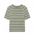 Women's Slim Fit Striped Knit T-Shirt Summer Short Sleeve Round Neck Hollow Out Crochet Top Sage Green White Striped Casual Pullover Clothing