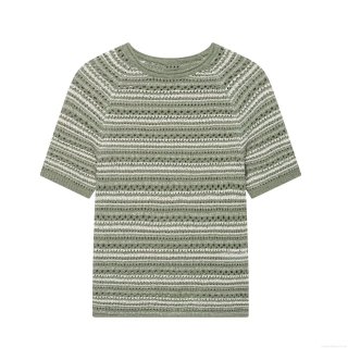 Women's Slim Fit Striped Knit T-Shirt Summer Short Sleeve Round Neck Hollow Out Crochet Top Sage Green White Striped Casual Pullover Clothing