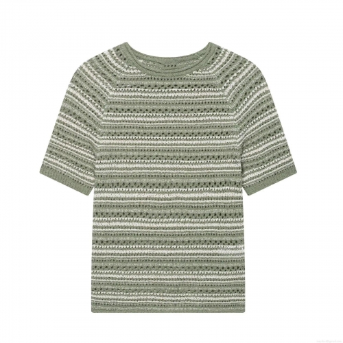 Women's Slim Fit Striped Knit T-Shirt Summer Short Sleeve Round Neck Hollow Out Crochet Top Sage Green White Striped Casual Pullover Clothing