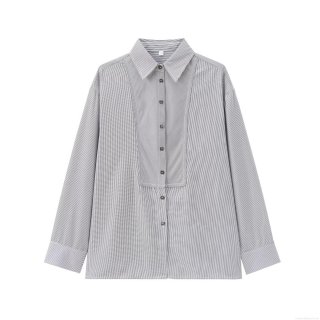 Women's Fashion Gray Striped Shirt Long Sleeve Polo Collar Polyester Blend Casual Commute Blouse Button Down Splicing Striped Top Office Lady Autumn New Arrival