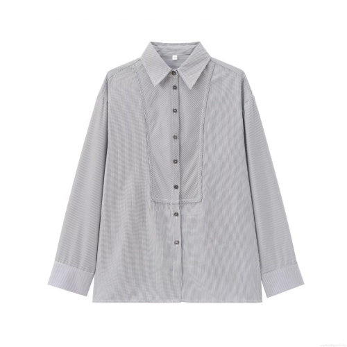Women's Fashion Gray Striped Shirt Long Sleeve Polo Collar Polyester Blend Casual Commute Blouse Button Down Splicing Striped Top Office Lady Autumn New Arrival