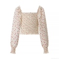 Women's Sweet French Retro Floral Print Cropped Blouse Square Neck Smocked Top Slim Fit Long Puff Sleeve Polyester Spandex Shirt For Daily Dating Party