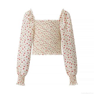 Women's Sweet French Retro Floral Print Cropped Blouse Square Neck Smocked Top Slim Fit Long Puff Sleeve Polyester Spandex Shirt For Daily Dating Party