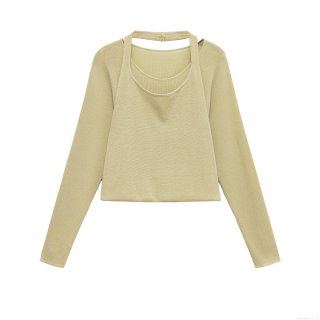 Women's Minimalist Two-Piece Knit Top Set Ribbed Polyester Spandex Long Sleeve Round Neck Cut-out Halter Neck Loose Fit Casual Autumn Winter Clothing