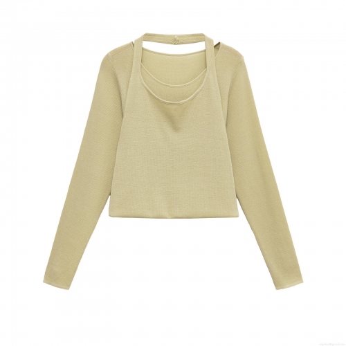 Women's Minimalist Two-Piece Knit Top Set Ribbed Polyester Spandex Long Sleeve Round Neck Cut-out Halter Neck Loose Fit Casual Autumn Winter Clothing