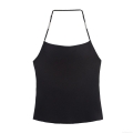 Sexy Black Halter Neck Knit Tank Top With Silver Metal Beads Backless Slim Fit Sleeveless Cami Top For Women Party Clubwear Chic Summer Streetwear