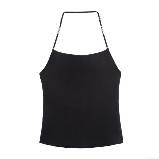 Sexy Black Halter Neck Knit Tank Top With Silver Metal Beads Backless Slim Fit Sleeveless Cami Top For Women Party Clubwear Chic Summer Streetwear