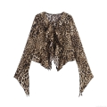 Sexy Leopard Print V-Neck Blouse For Women Polyester And Spandex Ruffle Trim Tie-Front Flare Sleeve Shirt Autumn Fashion Y2K Style Crop Top