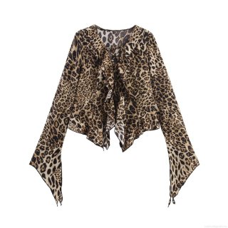 Sexy Leopard Print V-Neck Blouse For Women Polyester And Spandex Ruffle Trim Tie-Front Flare Sleeve Shirt Autumn Fashion Y2K Style Crop Top