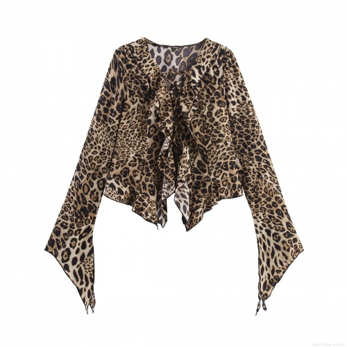 Sexy Leopard Print V-Neck Blouse For Women Polyester And Spandex Ruffle Trim Tie-Front Flare Sleeve Shirt Autumn Fashion Y2K Style Crop Top