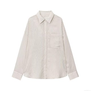 Women's Casual Loose Striped Long Sleeve Shirt Minimalist Button Down Lapel Blouse With Chest Pocket Cotton Linen Feel Tops For Daily Work