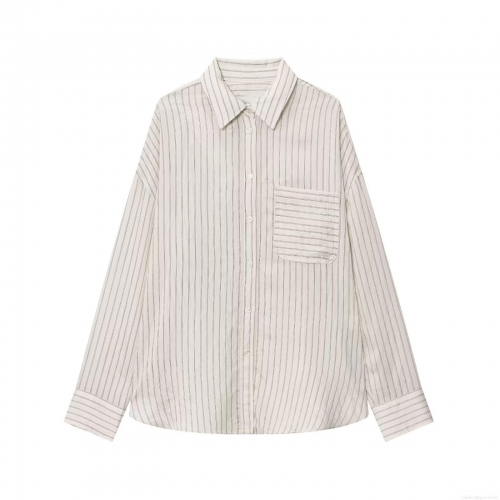Women's Casual Loose Striped Long Sleeve Shirt Minimalist Button Down Lapel Blouse With Chest Pocket Cotton Linen Feel Tops For Daily Work