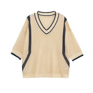 Women's Knitted Hollow Out T-Shirt V-Neck Contrast Stripe Breathable Casual Loose Top Summer Short Sleeve Knitwear Pullover