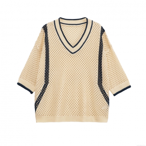 Women's Knitted Hollow Out T-Shirt V-Neck Contrast Stripe Breathable Casual Loose Top Summer Short Sleeve Knitwear Pullover