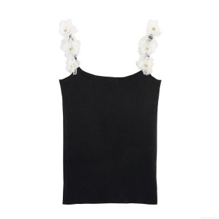 Women's Slim Fit Black Knit Camisole Top With 3D White Chiffon Flowers Sleeveless Sexy Spice Girl Style Summer Tank Top For Party Dating