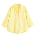 Women's Casual Yellow Vertical Striped Blouse Loose Fit Button Down Long Sleeve Shirt With Patch Pockets For Spring Autumn