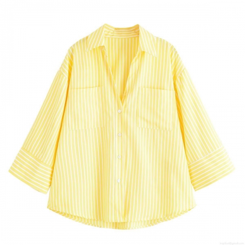 Women's Casual Yellow Vertical Striped Blouse Loose Fit Button Down Long Sleeve Shirt With Patch Pockets For Spring Autumn