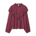 Elegant Burgundy Women Chiffon Blouse Ruffle Trim Pleated Stand Collar Long Sleeve Shirt For Office Commute Casual Autumn Fashion
