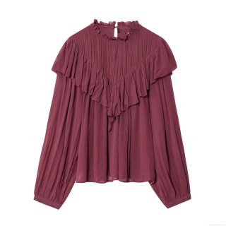 Elegant Burgundy Women Chiffon Blouse Ruffle Trim Pleated Stand Collar Long Sleeve Shirt For Office Commute Casual Autumn Fashion