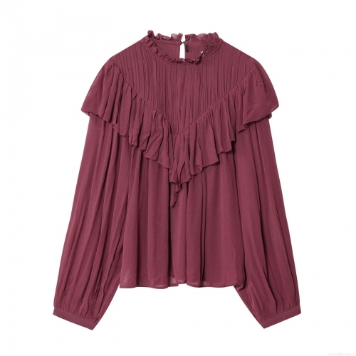 Elegant Burgundy Women Chiffon Blouse Ruffle Trim Pleated Stand Collar Long Sleeve Shirt For Office Commute Casual Autumn Fashion