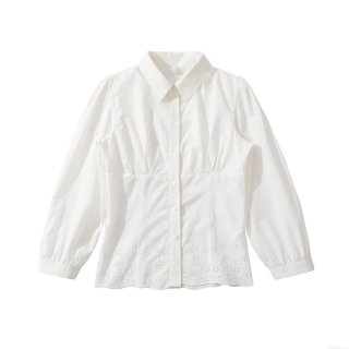 Women's Sexy White Cotton Blend Embroidered Shirt Hollow-out Slim Fit Lapel Long Sleeve Blouse For Elegant Party Casual Daily Wear