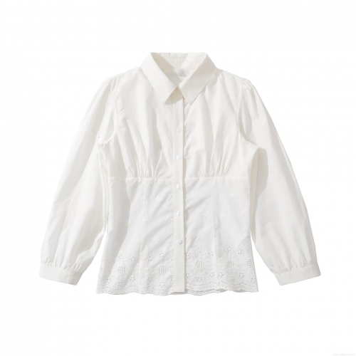 Women's Sexy White Cotton Blend Embroidered Shirt Hollow-out Slim Fit Lapel Long Sleeve Blouse For Elegant Party Casual Daily Wear