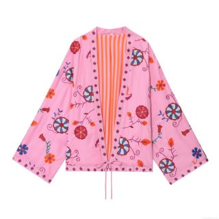 Women's Boho Floral Embroidery Cardigan Pink V-Neck Lace-Up Blouse Long Sleeve Retro Ethnic Style Polyester Shirt For Autumn Daily Wear