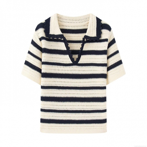 Women's Retro Striped Knit Polo T-Shirt Hollow Out Crochet Short Sleeve V-Neck Casual Top Soft Breathable Polyester Summer Autumn Knitwear