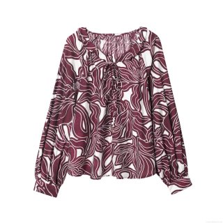 Women's Elegant Floral Print Long Sleeve Blouse Polyester Spandex Ruffle Neck Tie Casual Pullover Top Autumn Fashion Shirt