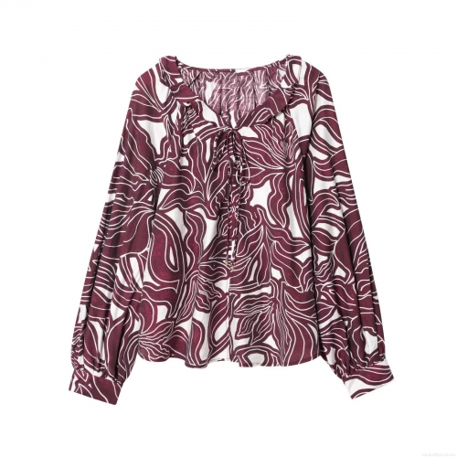 Women's Elegant Floral Print Long Sleeve Blouse Polyester Spandex Ruffle Neck Tie Casual Pullover Top Autumn Fashion Shirt