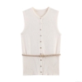 Women's Elegant Knitted Vest With Belt Fashion Round Neck Single Breasted Sleeveless Polyester Top Solid Color Ribbed Knit Waistcoat For Autumn Daily Wear