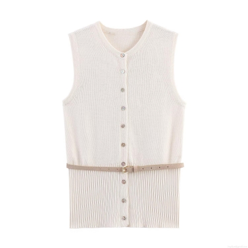 Women's Elegant Knitted Vest With Belt Fashion Round Neck Single Breasted Sleeveless Polyester Top Solid Color Ribbed Knit Waistcoat For Autumn Daily Wear