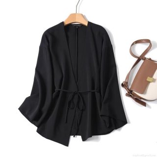 New Chinese Style V Neck Tie Waist Blouse Solid Color Drape Long Sleeve Top Women Casual Office Commute Shirt Elegant Polyester Spandex Breathable Lightweight