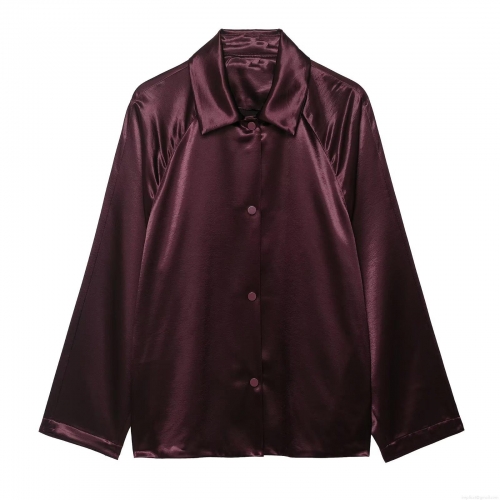 Women's Elegant Satin Shirt Jacket Long Sleeve Turn Down Collar Solid Color Loose Fit Blouse For Office Daily Wear Wine Red Shiny Polyester Top