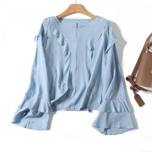 Women's Elegant Solid Color Linen Viscose Blouse Elegant Ruffle Trim Long Flared Sleeve Round Neck Shirt Office Casual Loose Fashion Top For Women