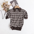Women's Casual Striped 100% Cotton Knit Polo Shirt Short Sleeve Loose Fit Lapel T-Shirt For Summer Autumn Minimalist Style