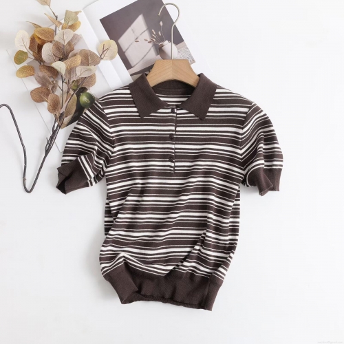 Women's Casual Striped 100% Cotton Knit Polo Shirt Short Sleeve Loose Fit Lapel T-Shirt For Summer Autumn Minimalist Style