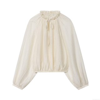 Women Sweet Ruffle Stand Collar Pleated Blouse Off-White Lantern Sleeve Tie Neck Loose Tencel Top Casual Long Sleeve Blouse For Women