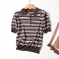 Women's Retro Striped Knitted Polo Shirt Short Sleeve 80% Viscose 20% Nylon Loose Casual Button V-Neck Top For Daily Commuting Women Clothing